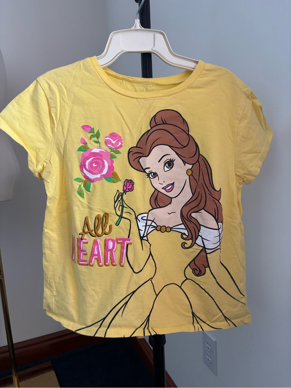 Disney Yellow Belle Rose Graphic Tee with Pink Accents